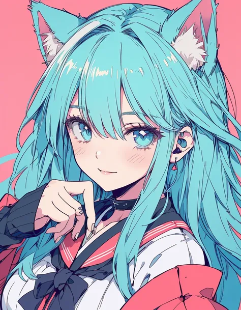 Japanese gal, smile, wink, one closed eye, ((masterpiece, best quality:1.5)), ((Beautiful detailed cat aqua eyes:1.2)), cat ears, pale skin, medium breasts, beautiful hands, beautiful fingers, EasyNegative