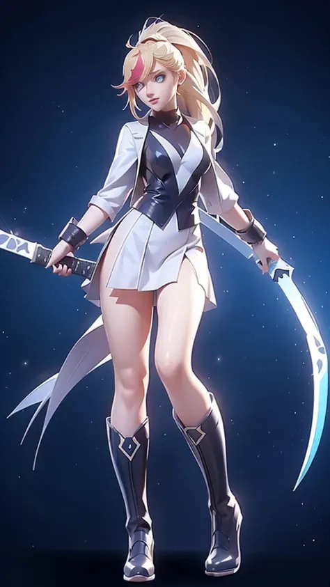 1 girl, ultra long hair, ultra detailed face, glowing lips, glowing blue eyes, very long ponytail, elegant walk, catwalk, holding down a  giant katana, blonde, long eyelashes, long boots , looking to the sky, starry sky, a ultra giant katana 