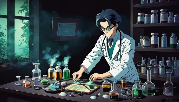 Doctor making a medicine,dark anime style,retro