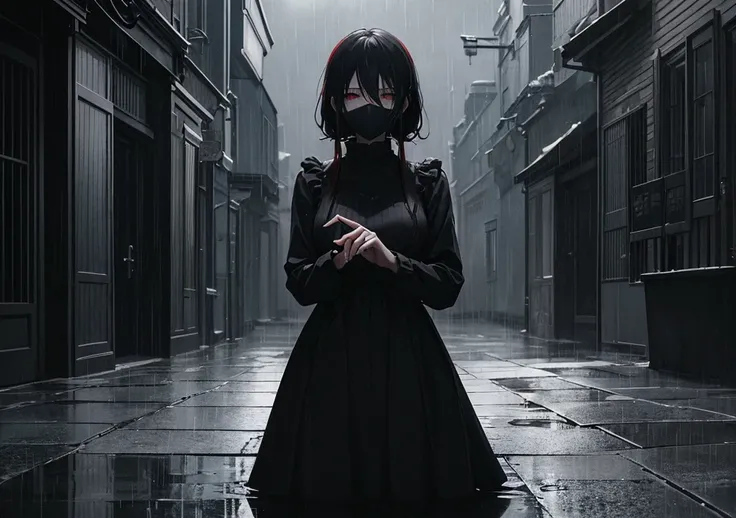 "Create an anime-style image that captures the emotional depth and contrasting themes of the song. The scene should feature a dark, rainy urban environment with deep shadows and muted colors. In the foreground, a character with visible red scars on their w...