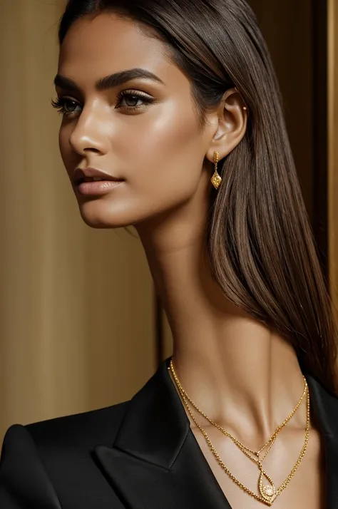 Image of a stunning model wearing thin gold jewelry, as well as professional black clothing, 