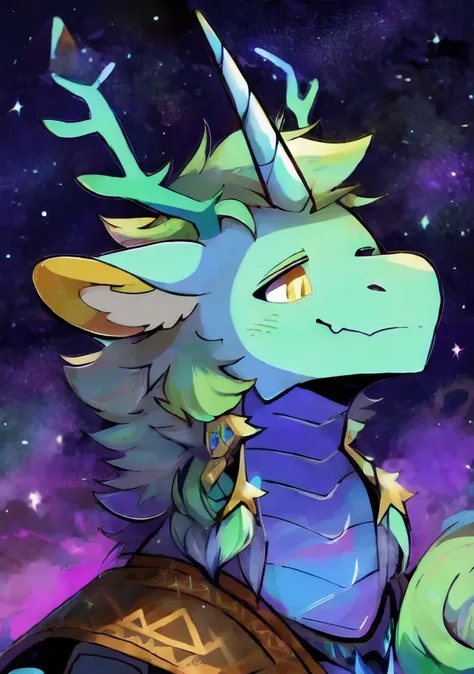 Unicorn Beast，Transparent antlers，Starry Sky，Gods，Brilliant scales（best quality）