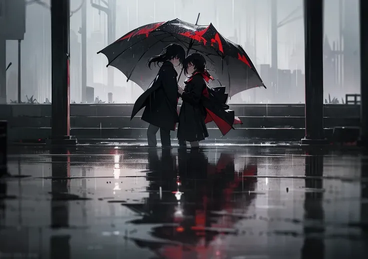 "Create an anime-style image that captures the emotional depth and contrasting themes of the song. The scene should feature a dark, rainy urban environment with deep shadows and muted colors. In the foreground, a character with visible red scars on their w...