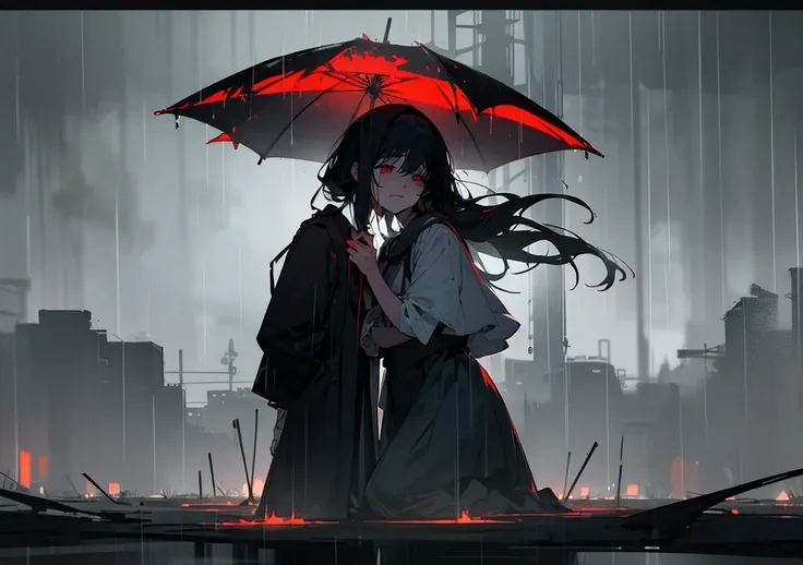 "Create an anime-style image that captures the emotional depth and contrasting themes of the song. The scene should feature a dark, rainy urban environment with deep shadows and muted colors. In the foreground, a character with visible red scars on their w...