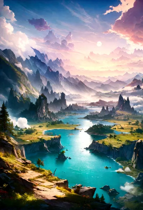 mountains and a lake with a moon in the sky, highly detailed digital art in 4k, Very detailed 4k hd wallpaper, stunning fantasy landscape, science fiction fantasy wallpaper, unreal engine wallpaper 4k, detailed digital art in 4k, science fiction fantasy wa...