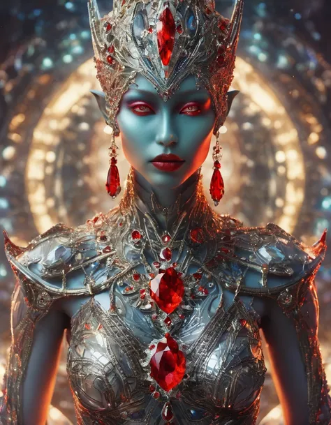 Beautiful alien, her face is made up of beautiful crystals and the rest of her body is translucent, and on her chest she carries a bright red stone