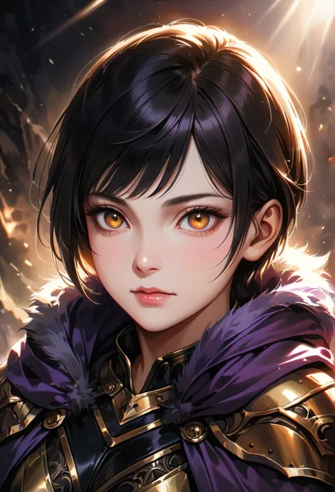 a woman with golden eyes, short pixie haircut, black hair, wearing leather armor with a purple hooded cloak and fur trim, detailed digital portrait, highly realistic, cinematic lighting, 8k, photorealistic, hyper detailed, masterpiece