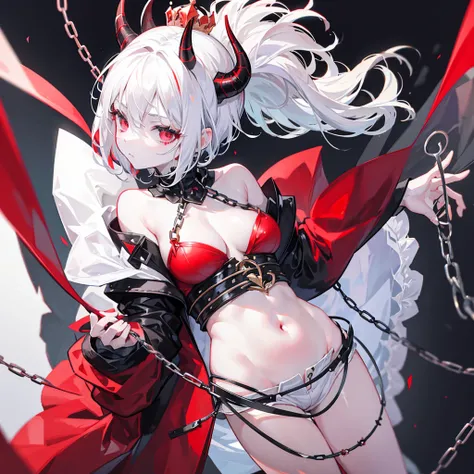 It makes a woman with short white hair white skin short clothes with chains and with black horns forward and a red crown