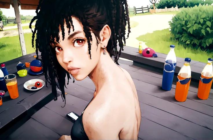 tifa ff7, eyeballs, eyeballshadow, pupils, eyebrows, nase, lips, teeths, face, body hair, long body hair, 1 girl, standing alone