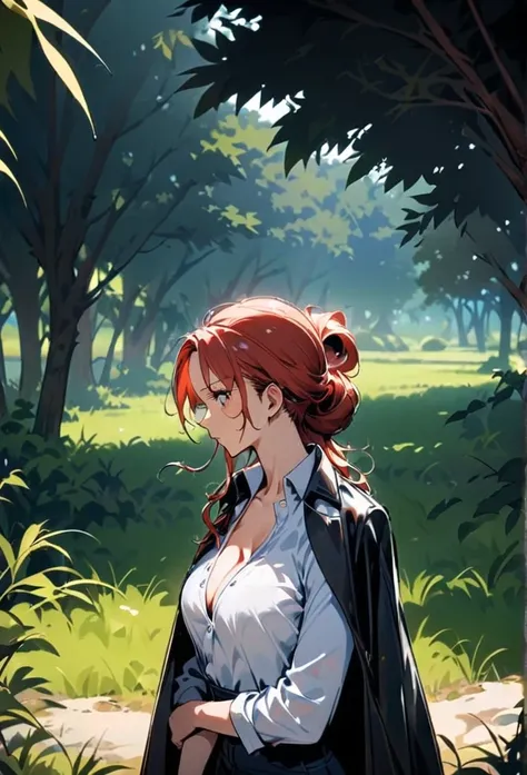 masterpiece, best quality), intricate details, 1 girl, woman, red hair, straw hat, Shanks, shanks  (one piece), scar on face, (long hair), shirt, white shirt, female focus, clothes, collared shirt, pants, cape, black coat, shirt, scar, sandals, pectorals, ...