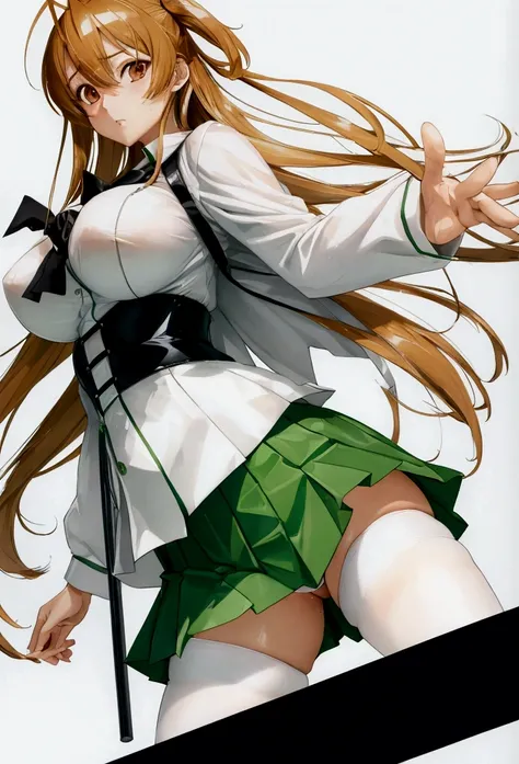 Rei Miyamoto, hotd, short green pleated skirt, A white blouse, white mid thigh stockings, Thighs, big breasts, spreadlegs, showing pussy 