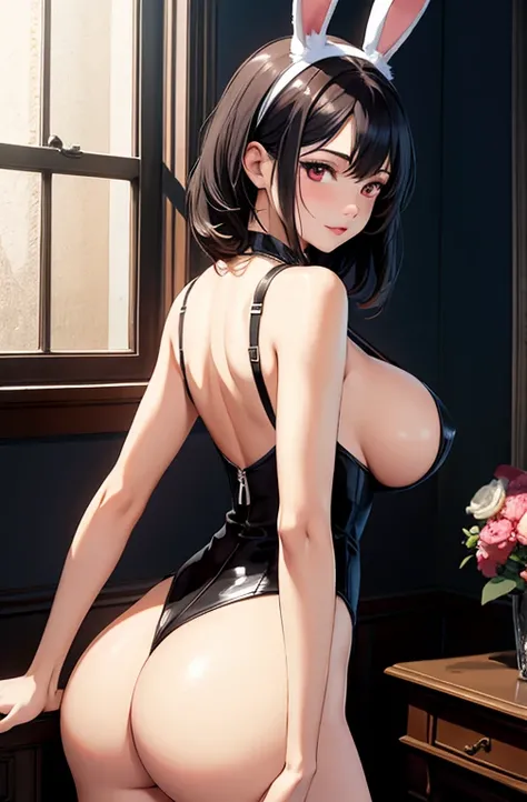 masterpiece, best quality, best lighting, shadows, portrait, perfect anatomy, bitchy, 1 girl, adult anime girl, 21 years old, bunny girl, bunny uniform, allure, erotic, mature features, pretty face, pretty lips, pretty eyes, black short hair, red eyes, sed...