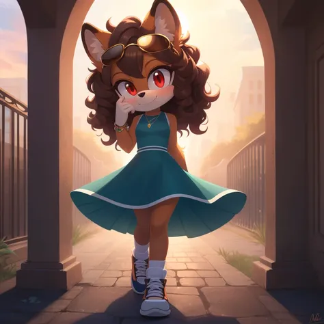 mobian, solo, hedgehog, two-tone fur ((orange fur, brown fur)), iconography seersucker cut-out midi dress, high-top sneakers, small breasts, two-tone hair (brown hair, black tip)), curly hair, halo, sunglasses, jewelry, red eyes, longeyelashes, red eyes, s...