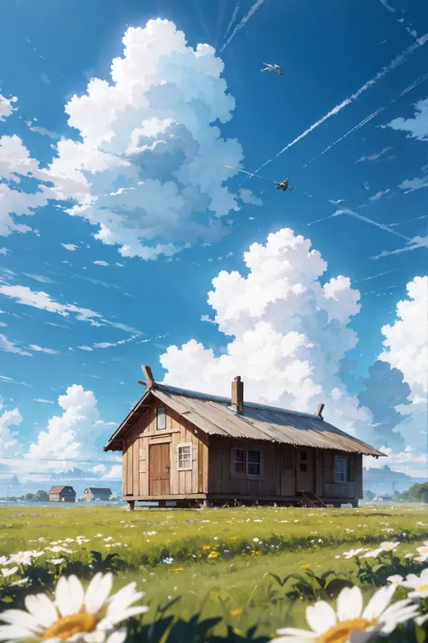 A floating hut in the blue sky, Vision, Calm day, Detailed Clouds, field, grazing, flower, Girl looking up, Wind, rain