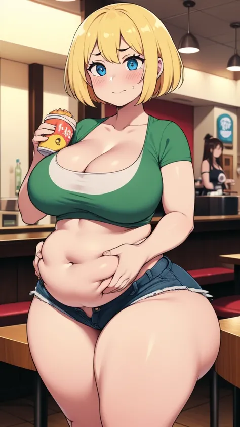 ((highres)), Masterpiece, high quality, best quality, beautiful, perfect lighting, detailed face, ultra cute face, ((1girl)), ((solo)), ((blush)), embarrassment, one girl has blonde hair, blue eyes, crop top and shorts, tight clothes, fast food restaurant,...