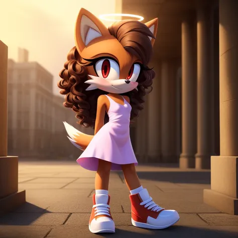 mobian, solo, hedgehog, two-tone fur ((orange fur, brown fur)), iconography seersucker cut-out midi dress, high-top sneakers, small breasts, two-tone hair (brown hair, black tip)), curly hair, halo, sunglasses, jewelry, red eyes, longeyelashes, red eyes, s...