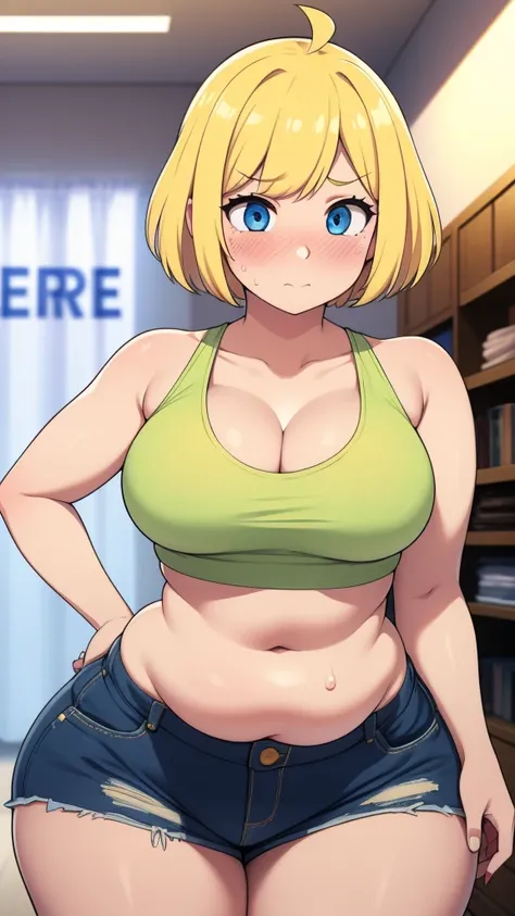 ((highres)), Masterpiece, high quality, best quality, beautiful, perfect lighting, detailed face, ultra cute face, ((1girl)), ((solo)), ((blush)), embarrassment, blonde hair, fluffy hair, blue eyes, crop top and shorts, tight clothes, clothes store, medium...