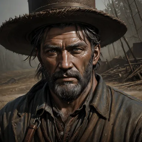 Portrait of a former coal miner in the 19th century, beautiful painting with highly detailed face by greg rutkowski and magali villanueve, in the wild west, outdoor photography, 16K