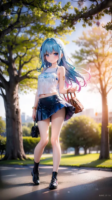 very cute 10 year old girl(2 people)is having a pleasant walk in the park、Tank top、mini skirt、Long Hair、Slim body、Beautiful legs、Beautiful body、high resolution、8K、(smile)