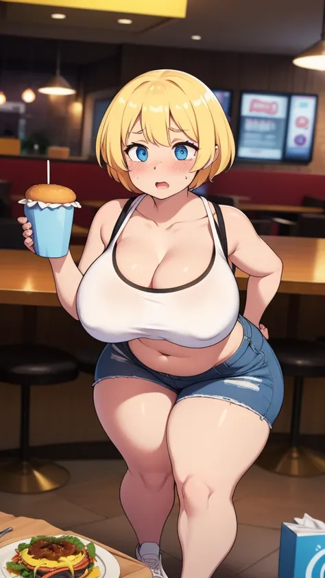 ((highres)), Masterpiece, high quality, best quality, beautiful, perfect lighting, detailed face, ultra cute face, ((1girl)), ((solo)), ((blush)), embarrassment, one girl has blonde hair, blue eyes, crop top and shorts, tight clothes, fast food restaurant,...