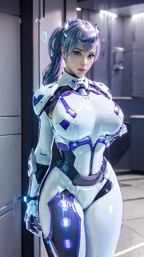 (NSFW:1.5), A BUSTY MILF, CLOSEUP UPPER BODY,SOLO, ((COWBOY SHOT:1.4)), ((HUGE ROUND BREAST:1.5)), ((CLEAVAGE,11 LINE ABS:1.6)), ((WEARING OUTFIT METAL BLUE, WHITE, LATEX PURPLE FROM OVERWATCH, IN FUTURISTIC ARMOR, GIRL IN MECHA CYBER ARMOR:1.5)), (ATHLETI...