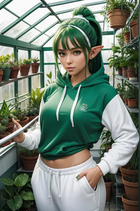 30 year old woman from Saturn, elf ears, thick athletic body, beautiful, cute, green ponytail hair with flower headband, in greenhouse, wearing white hoodie and white sweatpants, watering plants