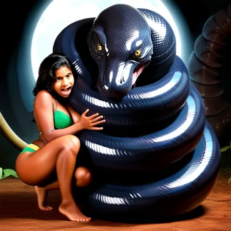 Happy Horny, aroused 1girl), beautiful kneeling Indian young teen girl  with  giant colossal black titanboa monster  squeezing her hard, wrapped in thick spiraling coils, constricted, struggle, gasping for air, snake attack, snake peril, moonless night, di...