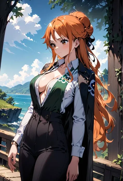 masterpiece, best quality), intricate details, 1 girl, woman, orange hair, nami  (one piece),  (long hair), shirt, white shirt, female focus, clothes, collared shirt, pants, cape, black coat, shirt, scar, sandals, pectorals, partially unbuttoned, cleavage,...