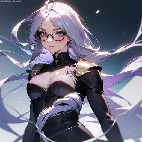 A slim 19-year-old girl with long lavender hair, silver-gray eyes and wears stylish black glasses. her skin is snow white and smooth.