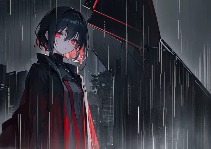 "Create an anime-style image that captures the emotional depth and contrasting themes of the song. The scene should feature a dark, rainy urban environment with deep shadows and muted colors. In the foreground, a character with visible red scars on their w...