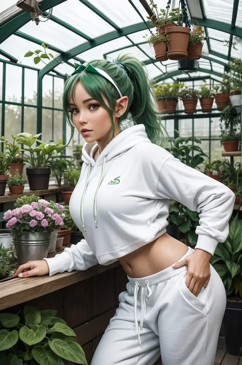 30 year old woman from Saturn, elf ears, thick athletic body, beautiful, cute, green ponytail hair with flower headband, in greenhouse, wearing white hoodie and white sweatpants, watering plants