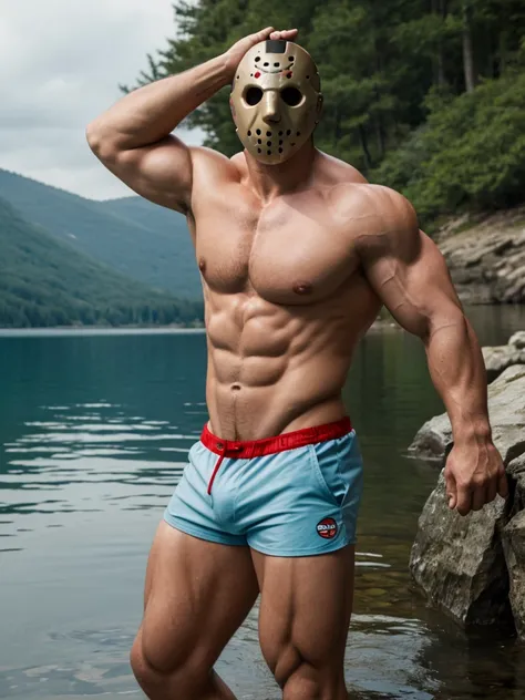 (masterpiece, 4K, ultra detailed), Jason Voorhees, single, Jasons white mask, masculine, simple coloring, smooth shading, outside, lake, swim, realistic, cartoony, red shorts, underwear, bulge, muscular, eight-pack, shirtless