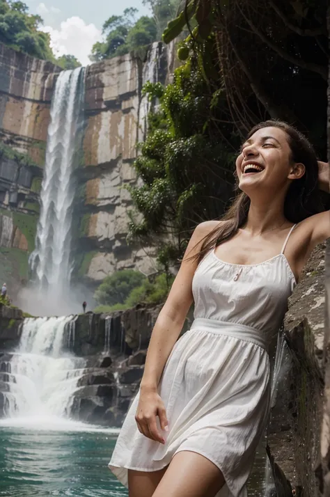 woman sundress at Mexico waterfall, laughing happily