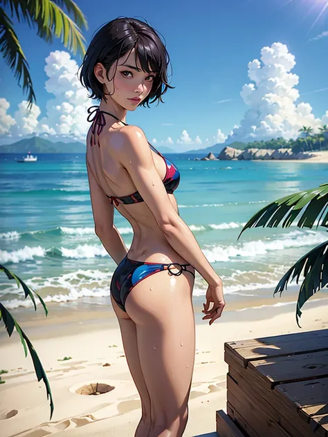 ((highest quality, masterpiece, High resolution)), ((reality)),Photos of beautiful Japanese women,((anime art))、 (((1 girl))), normal size breasts, slim body shape,  medium short hair, double eyelid, Wet see-through bikini,  A pareo with bold ethnic patter...