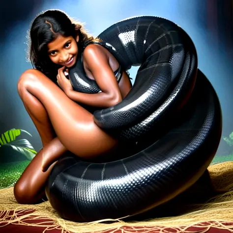 Happy Horny, aroused 1girl), beautiful kneeling Indian young teen village girl  with  giant colossal black titanboa monster  squeezing her hard, wrapped in thick spiraling coils, constricted, struggle, gasping for air, snake attack, snake peril, moonless n...