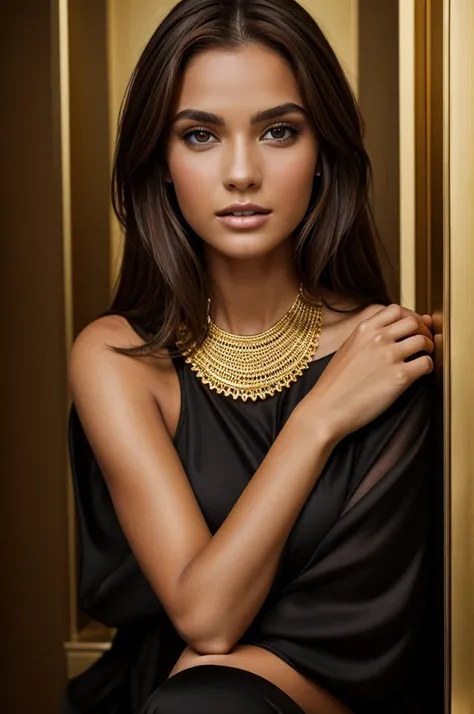 Image if female model with brown hair wearing THIN gold jewelry, and appropriate black clothing 