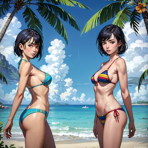 ((highest quality, masterpiece, High resolution)), ((reality)),Photos of beautiful Japanese women,((anime art))、 (((1 girl))), normal size breasts, slim body shape,  medium short hair, double eyelid, Wet see-through bikini,  A pareo with bold ethnic patter...