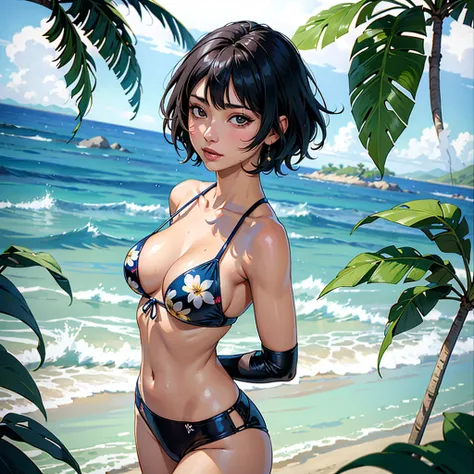 ((highest quality, masterpiece, High resolution)), ((reality)),Photos of beautiful Japanese women,((anime art))、 (((1 girl))), normal size breasts, slim body shape,  medium short hair, double eyelid, Wet see-through bikini,  A pareo with bold ethnic patter...