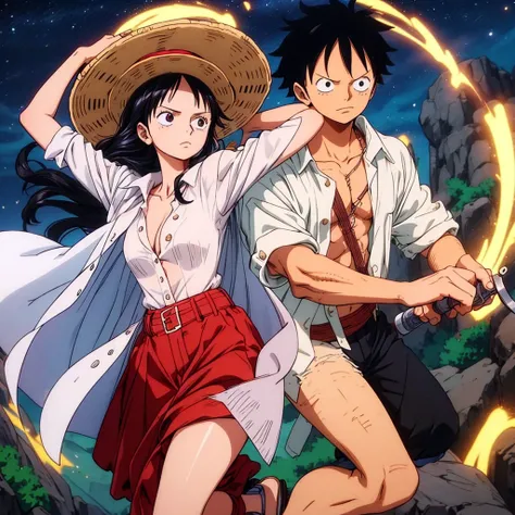 masterpiece, best quality), intricate details, 1 girl, woman, black hair, straw hat, monkey d luffy (one piece), scar on face, (long hair), shirt, white shirt, female focus, clothes, collared shirt, pants, cape, black coat, shirt, scar, sandals, pectorals,...