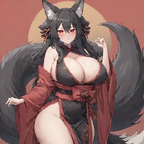 Beautiful black Kitsune, red eyes, highly detailed face, highly detailed eyes, big breasts, sexy figure, mature woman, several black kitsune tails, soft long Black Kitsune ears, Wearing red and black open shoulders kimono, wide waist
