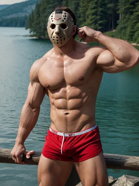 (masterpiece, 4K, ultra detailed), Jason Voorhees, single, Jasons white mask, masculine, simple coloring, smooth shading, outside, lake, realistic, cartoony, bulge, shirtless, underwear, red shorts, muscular, wide, eight-pack