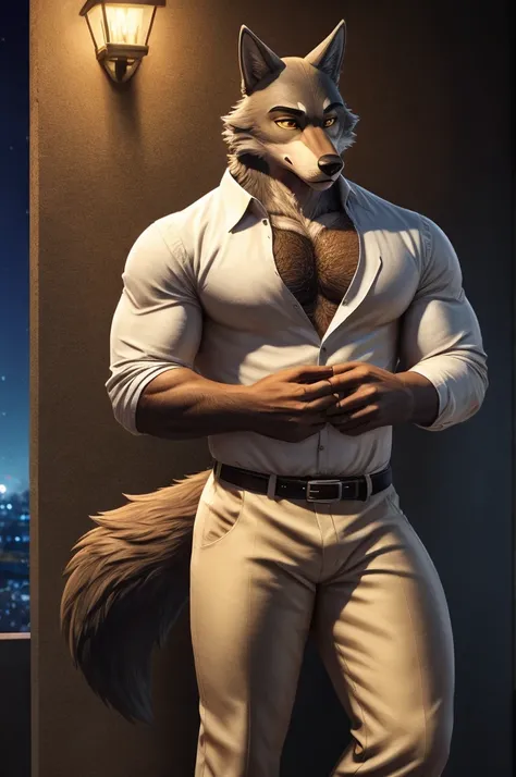 Mr. Wolf is a wolf, he has a slender build, with a dark grey snout and a white underbelly, he has deep, dark brown eyes with yellow sclera, and thick black eyebrows, with the left one having a subtle notch, Wolf likes to maintain a well-groomed and attract...