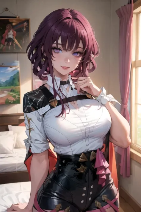 masterpiece, best quality, ultra detailed, watercolor and oil painting fusion, hot black artwork, white line art, beautiful woman, 1 woman, kafka, beauty, perfect anatomy, perfect eyes, perfect fingers, perfect hands, anime girl, sexy uniform, thight, brea...