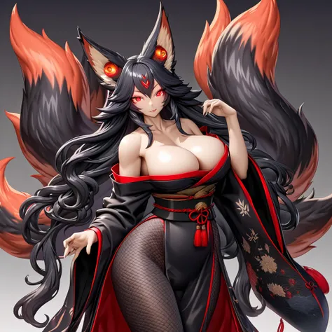 Beautiful black Kitsune, red eyes, highly detailed face, highly detailed eyes, big breasts, sexy figure, mature woman, several black kitsune tails, soft long Black Kitsune ears, Wearing red and black open shoulders kimono, wide waist
