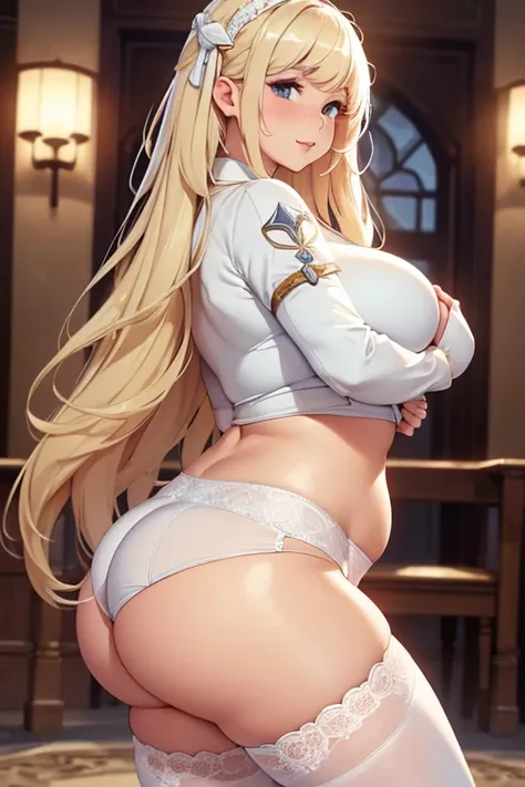 (Best quality), (detailed), (high res, 4k), chubby knight lady, white clothing, fair appearance, blonde long hair, cute face, big ass, wide hips, small belly, looking at viewer, sexy face, sexy pose, (19th cnetury britain), moaning, slightly chubby, knight...