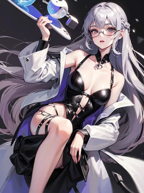 A slim 19-year-old girl with long lavender hair, silver-gray eyes and wears stylish black glasses. her skin is snow white and smooth.