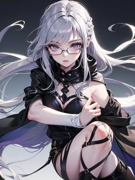 A slim 19-year-old girl with long lavender hair, silver-gray eyes and wears stylish black glasses. her skin is snow white and smooth.