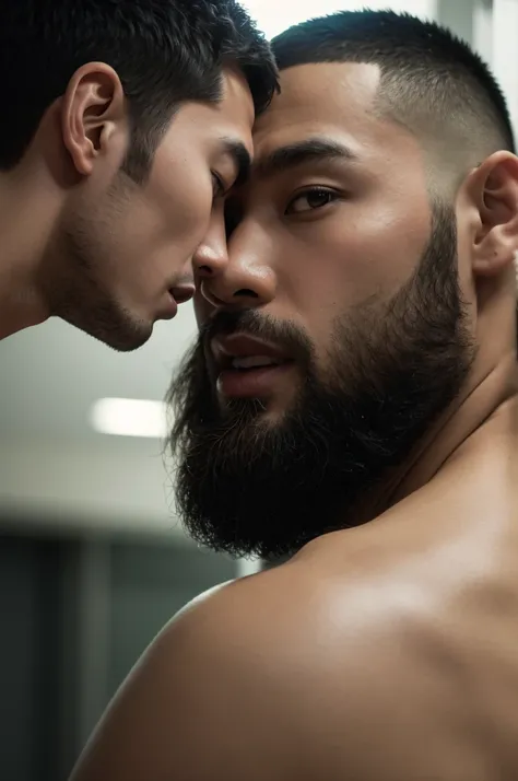 photorealistic, 2men, asian, gay couple, naked, shaved head, beard, sweat dripping, intertwining tongues, frottage, (best quality,4k,8k,highres,masterpiece:1.2),ultra-detailed,(realistic,photorealistic,photo-realistic:1.37),cinematic,chiaroscuro,moody,dram...