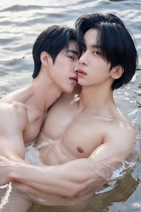 two man with realistic tied black hair, kissing, handsome, strong, Muscly, Husky, Fit, realistic short bangs, exactly the same hairstyle, realistic Korean handsome face, realistic sharp eyes, realistic cool expression, topless, white jockstrap, summer, Wet...