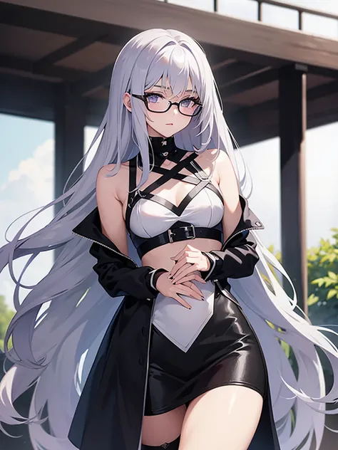 A slim 19-year-old girl with long lavender hair, silver-gray eyes and wears stylish black glasses. her skin is snow white and smooth.